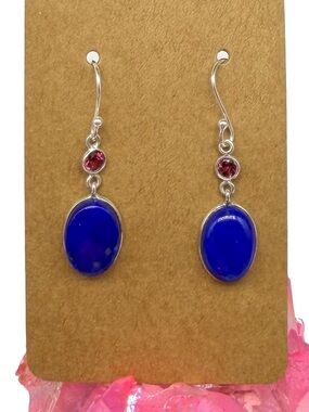 Lapis Lazuli Garnet Earrings Solid 925 Sterling Silver Dangle Drop Blue Stone